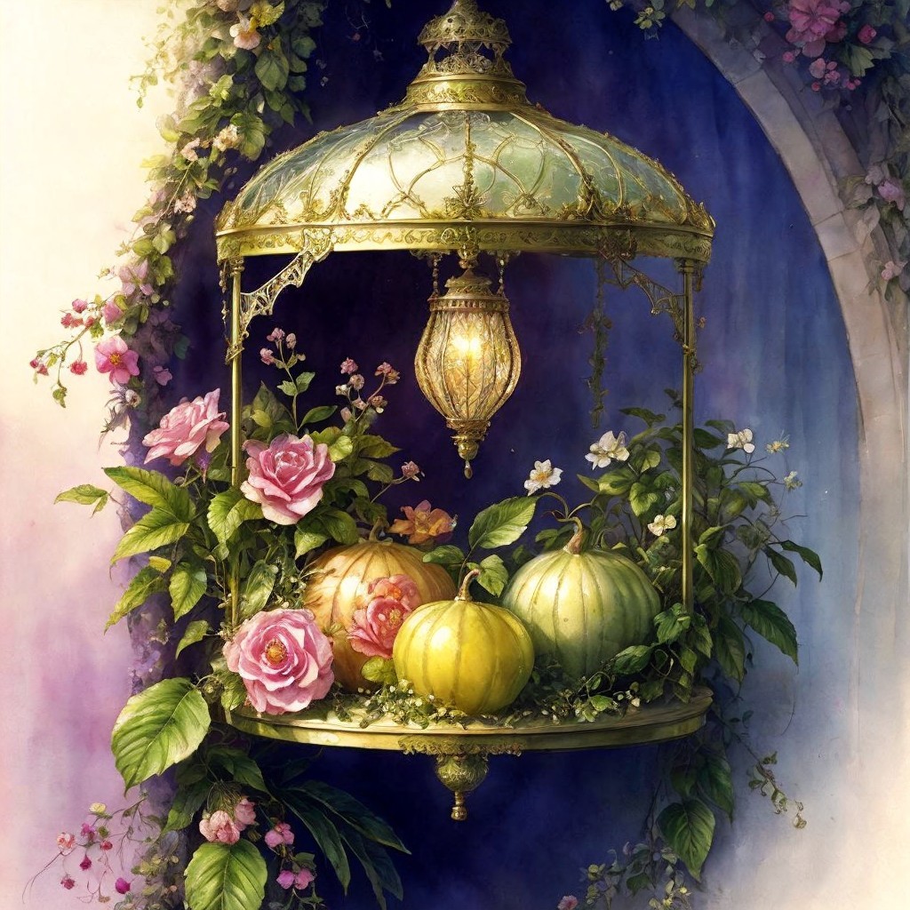 Ornate golden lantern with pumpkins in a garden setting