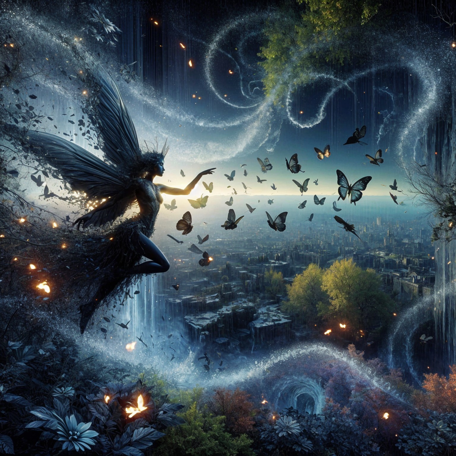 Dark Fairy Casting Spell in Enchanting Twilight Scene