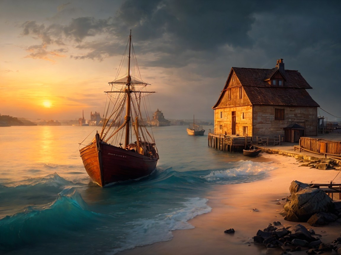 Coastal Sunset Scene with Sailing Ship and House