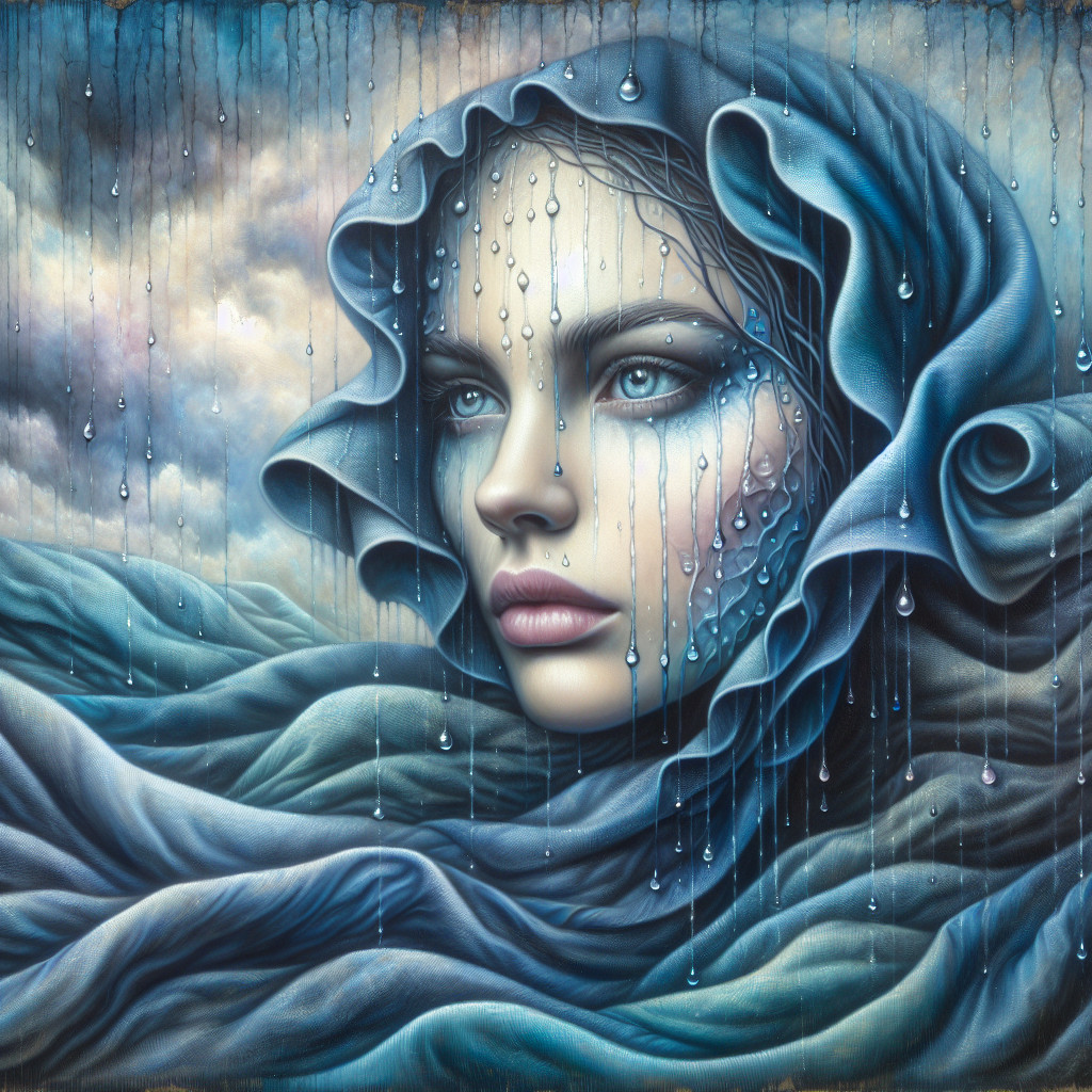 Serene Portrait of a Woman with Blue Hood and Raindrops