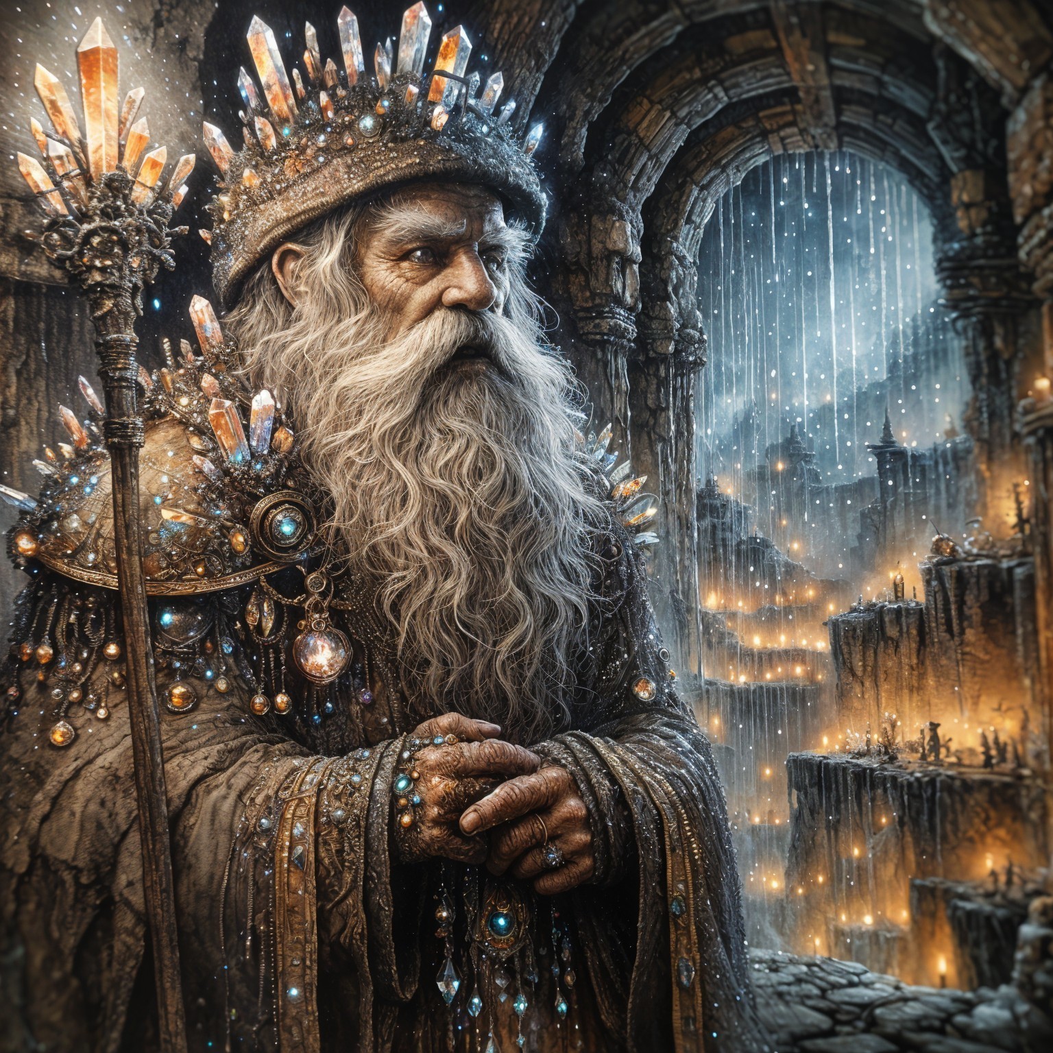 Majestic Bearded Figure in Crystal-Adorned Robes