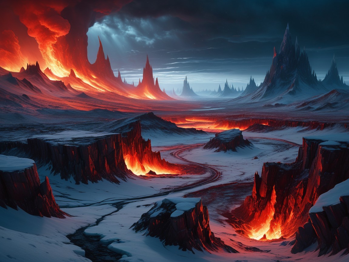 Dramatic Volcanic Landscape with Lava and Dark Skies