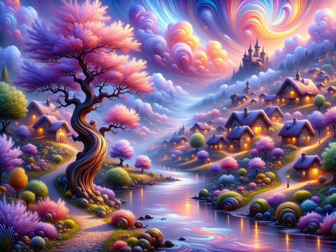 Vibrant Dreamlike Landscape with Winding River and Castle