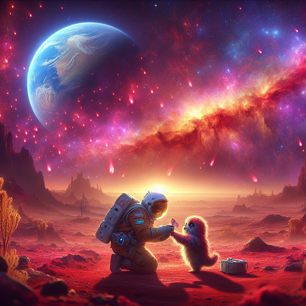 Astronaut Interacts with Creature in Alien Landscape