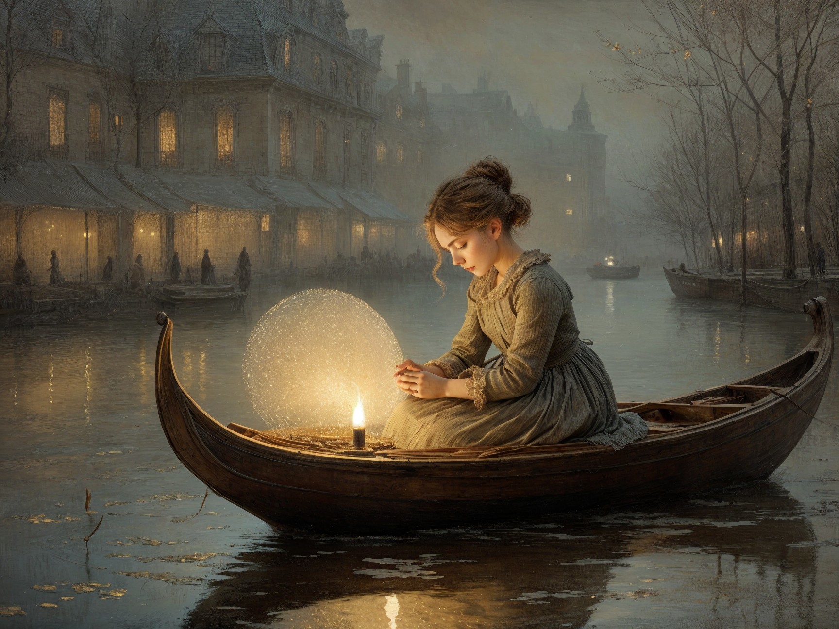 Young girl in boat on misty river at twilight