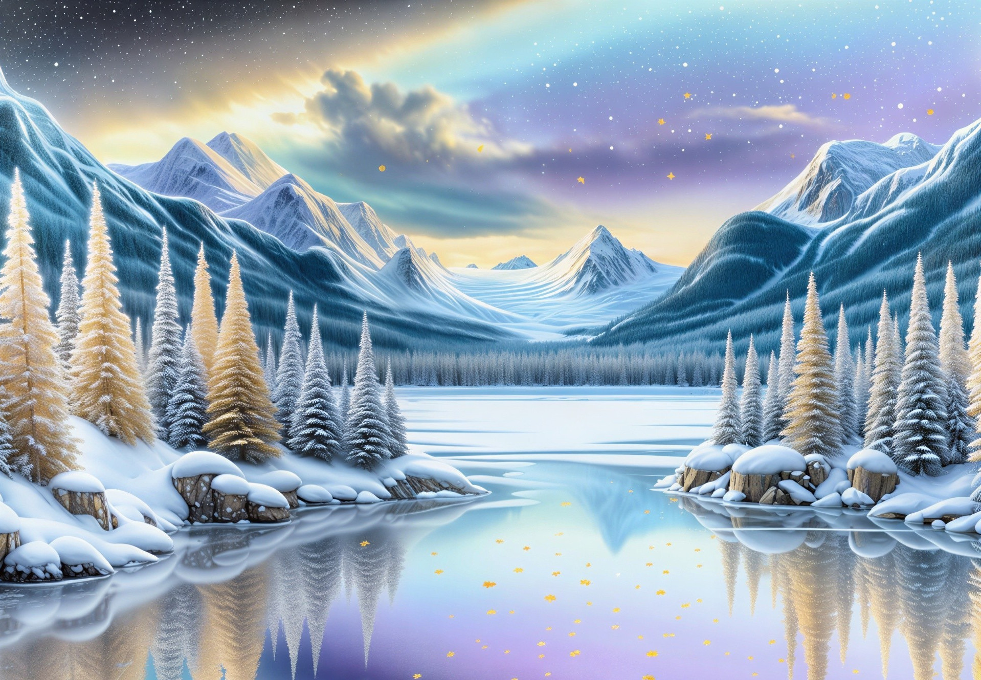 Serene Winter Landscape with Snow-Capped Mountains