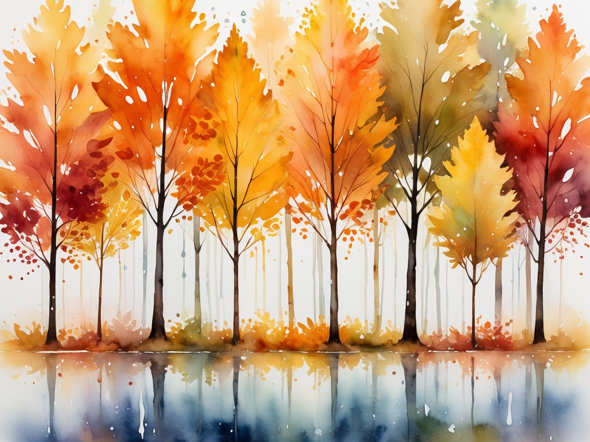 Watercolor Landscape of Autumn Trees and Reflection