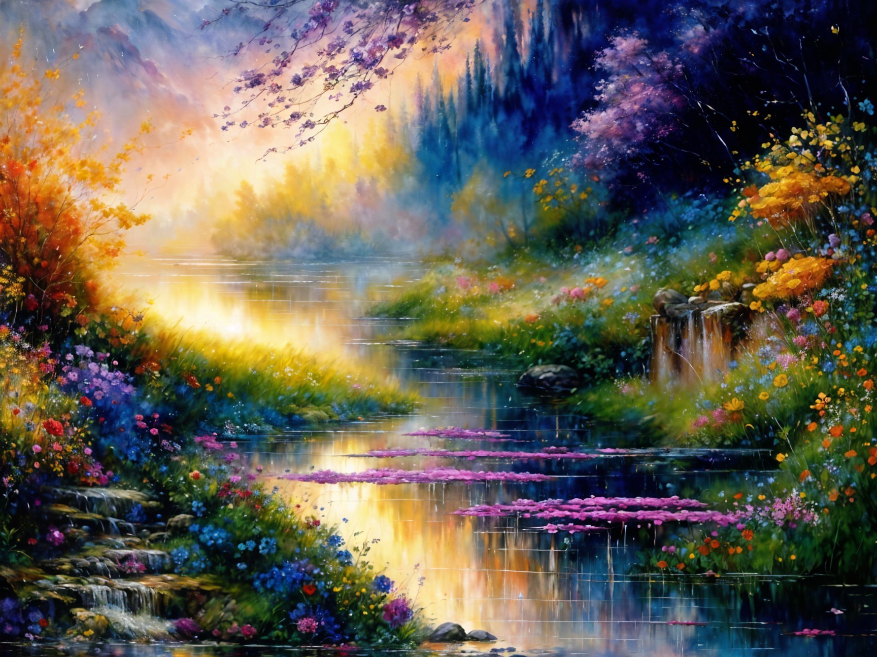 Vibrant landscape with river and blooming flowers