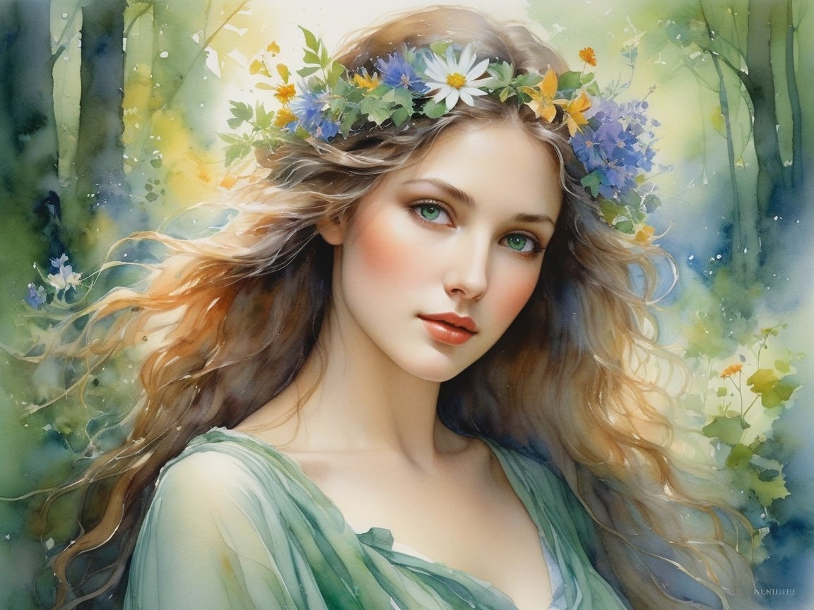 Portrait of a Young Woman in Nature with Watercolor