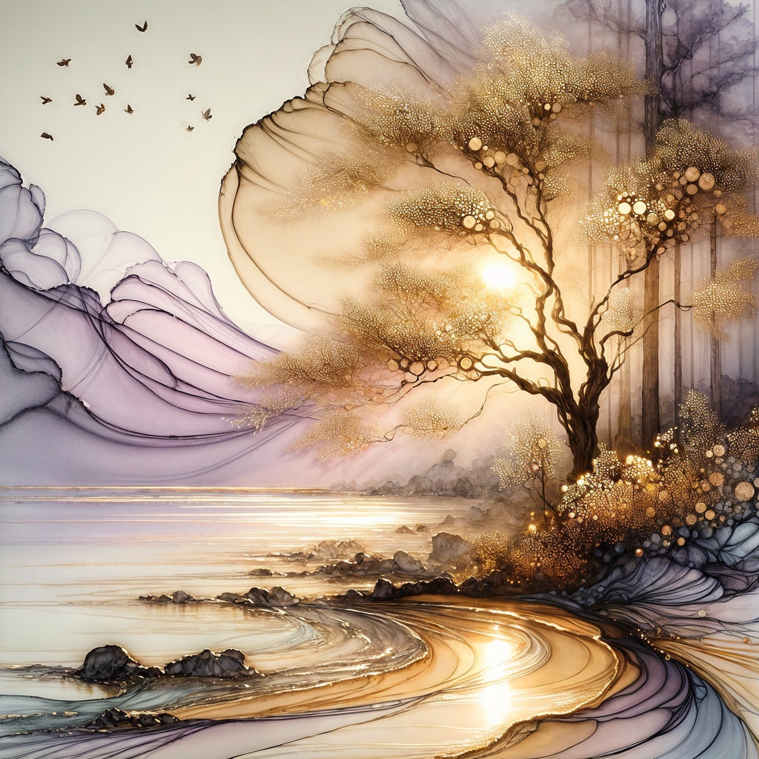 Serene shoreline landscape at sunset with mountains