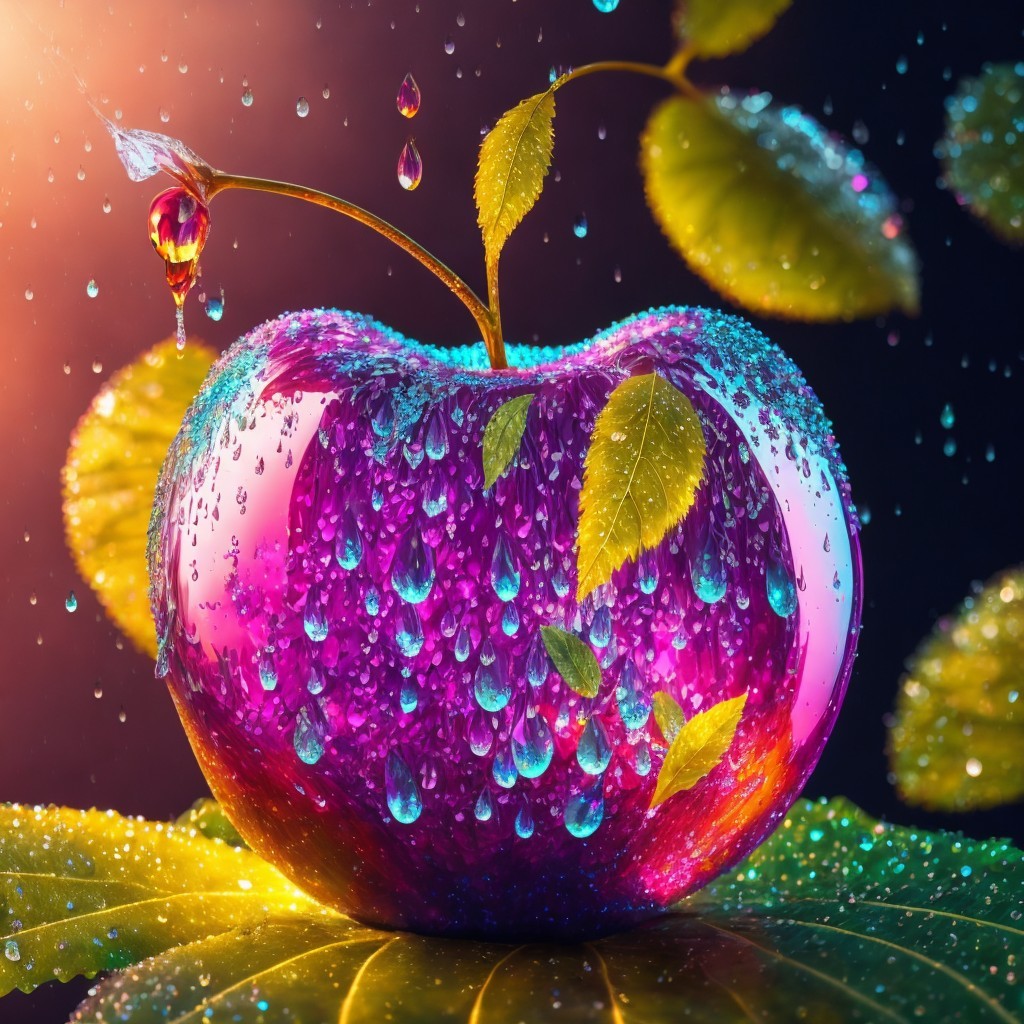 Vibrant Apple with Water Droplets on Green Leaf