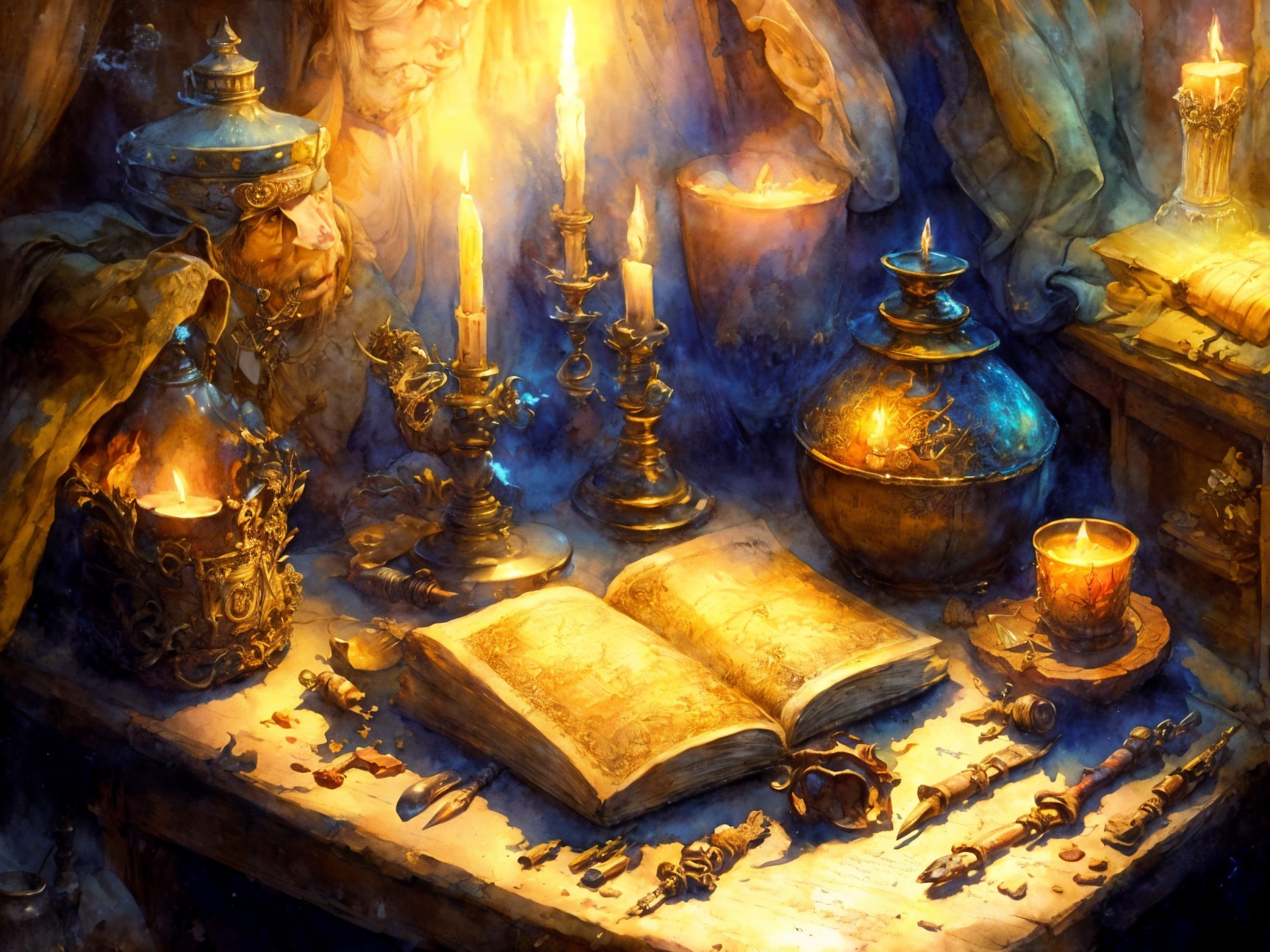 Dimly Lit Table with Artifacts and Candles