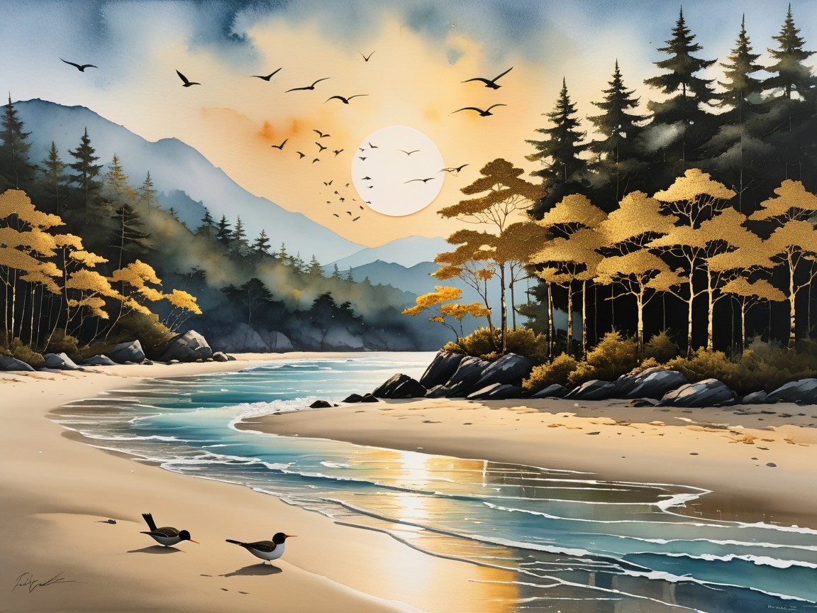 Tranquil Beach Sunset with Metallic Gold Trees