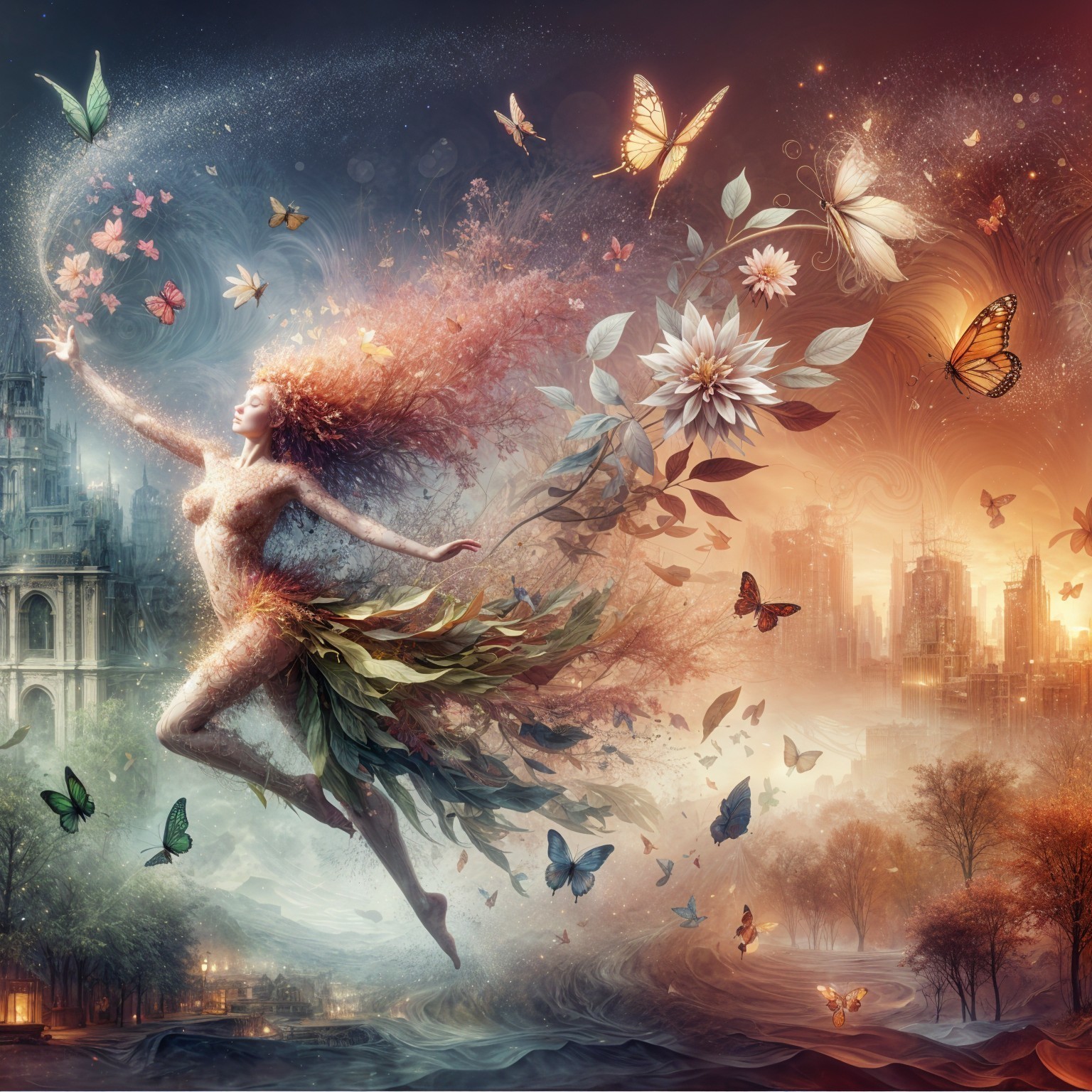 Mystical Woman Dancing Amidst Nature and City Skyline