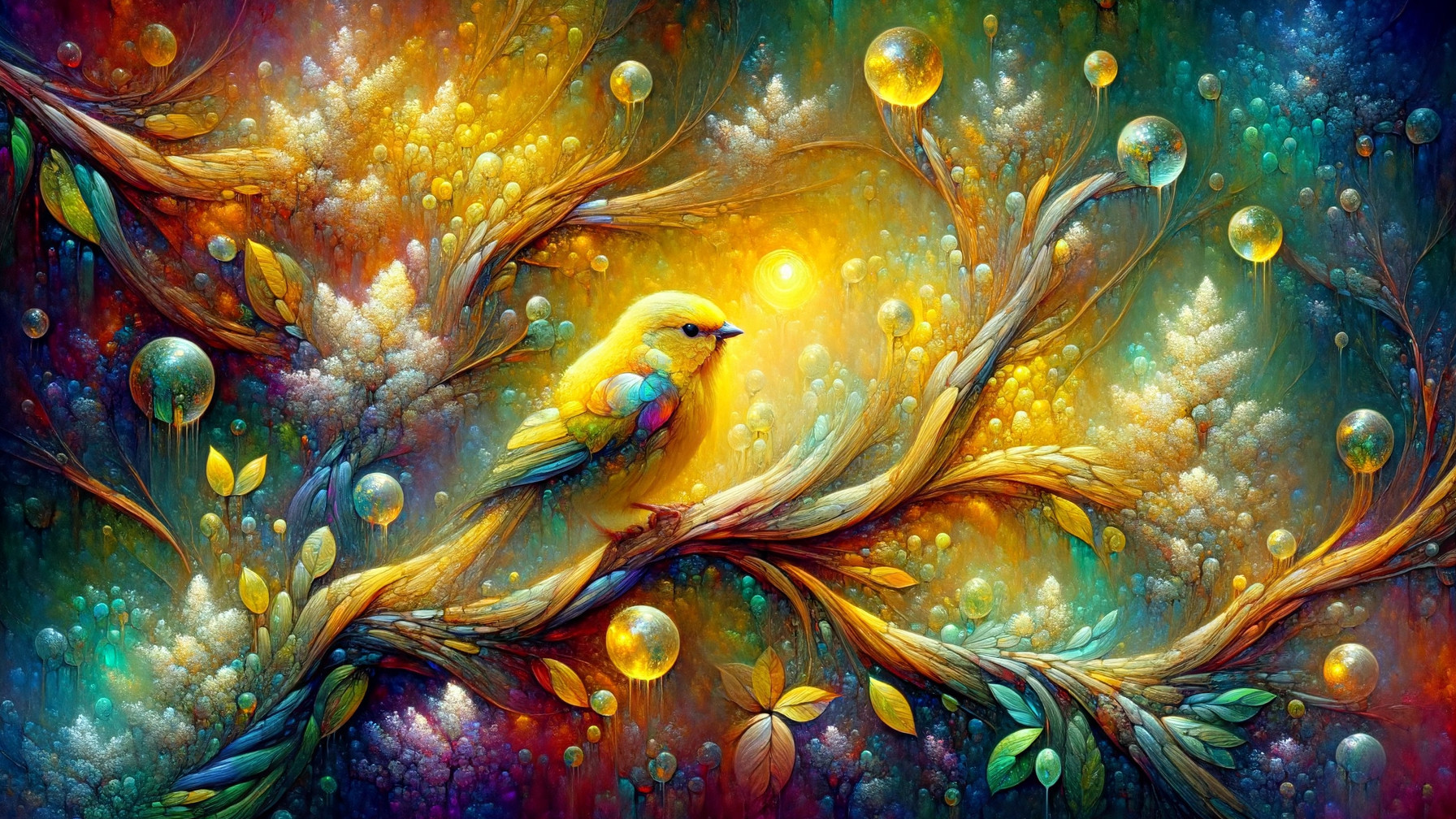 Vibrant Dream-Like Scene with Colorful Bird and Flora