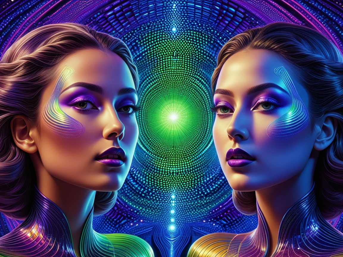 Futuristic Figures with Glowing Patterns in Kaleidoscope