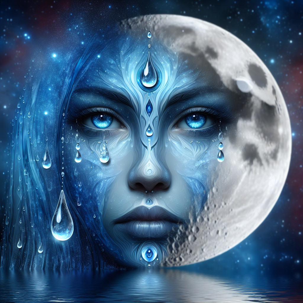 Mystical Female Face with Blue Patterns and Moonlight
