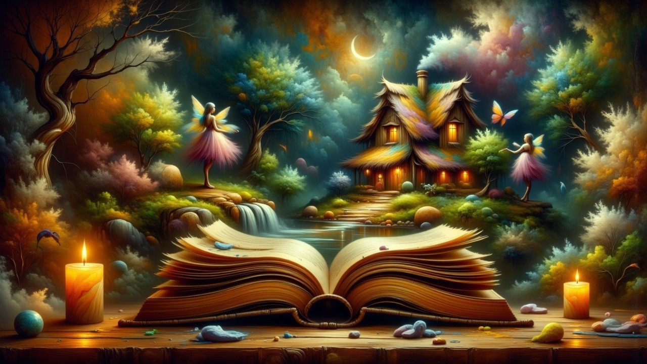 Magical Scene with Fairies and Enchanted Cottage