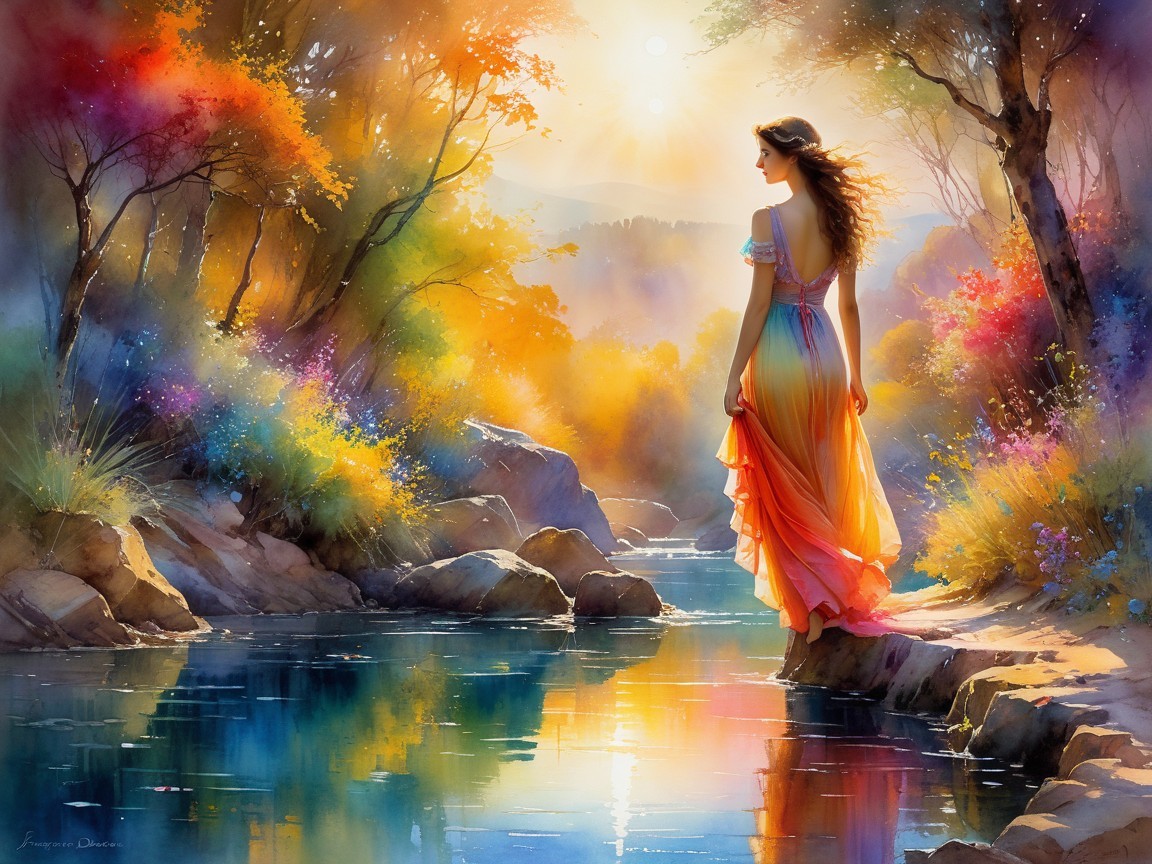 Young woman by tranquil stream at sunset with flowers