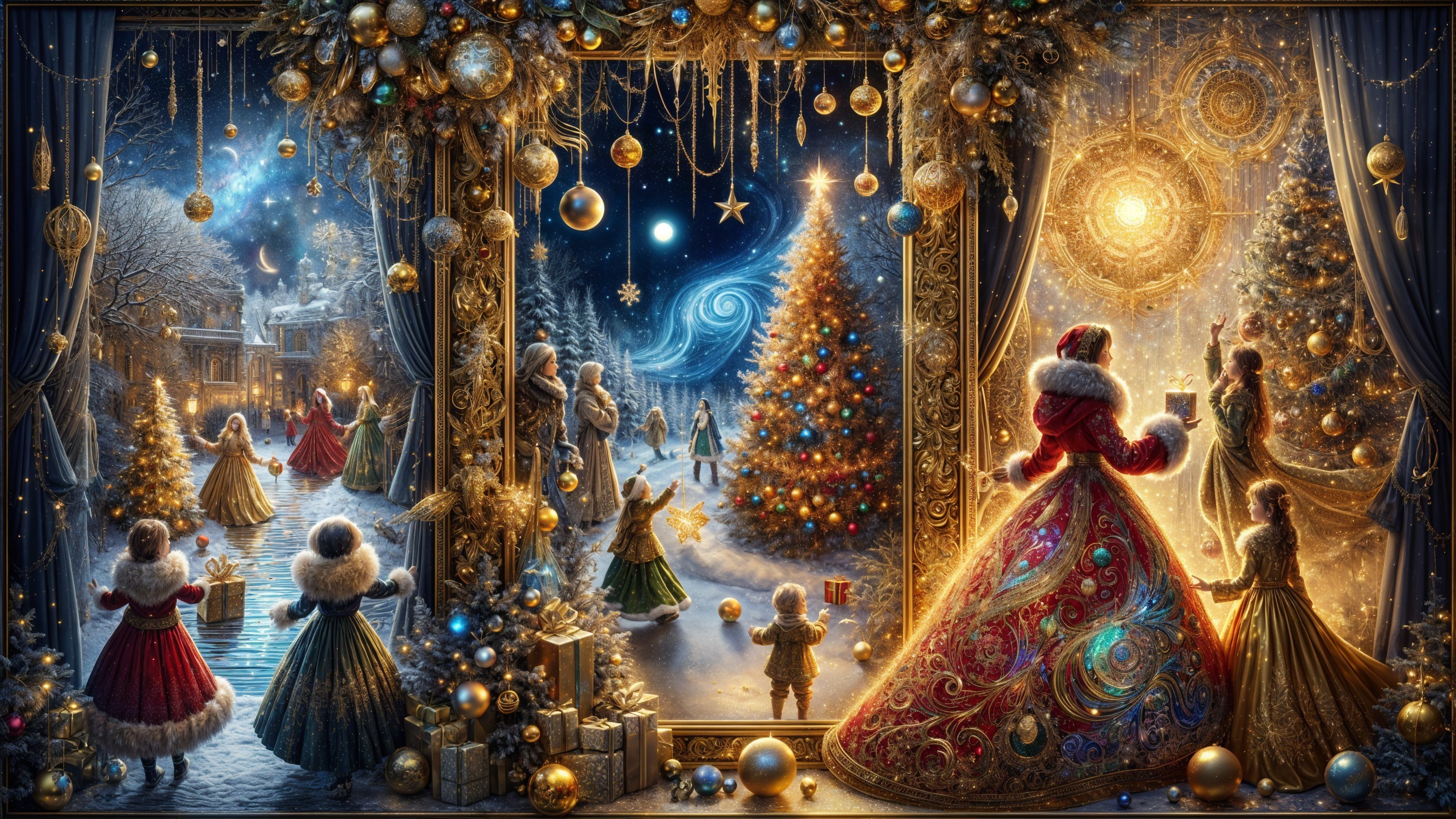 Magical Winter Scene with Children and Christmas Tree