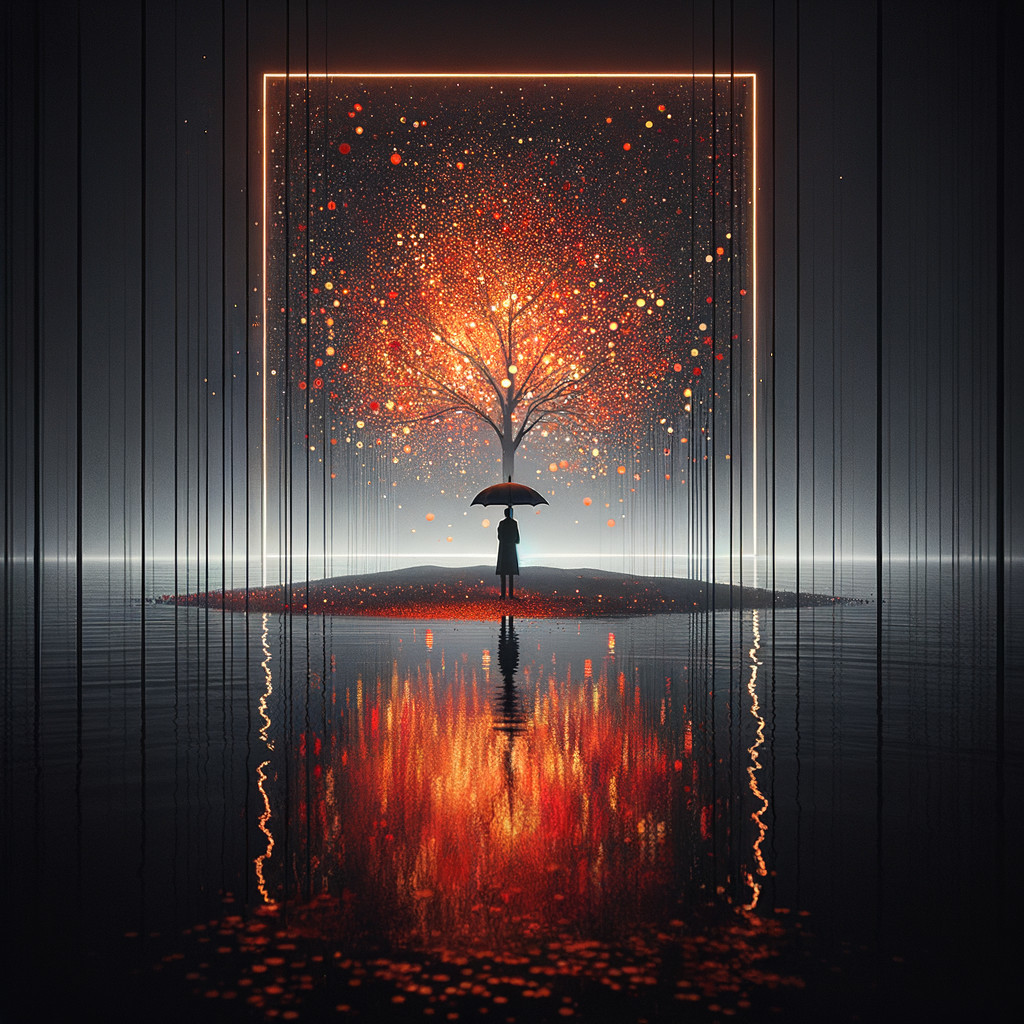 Solitary Figure Under Umbrella with Vibrant Tree