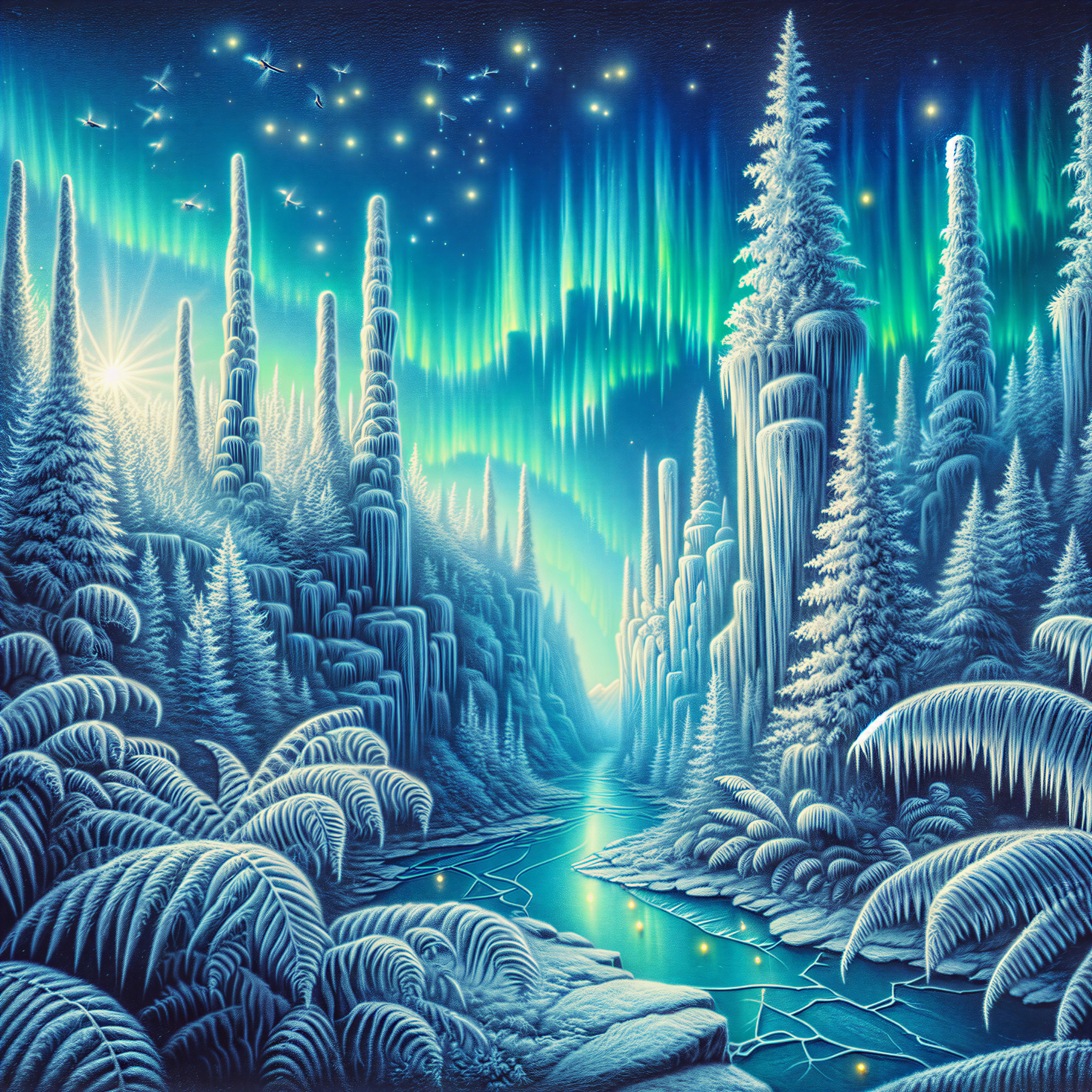 Winter Landscape with Icy River and Auroras