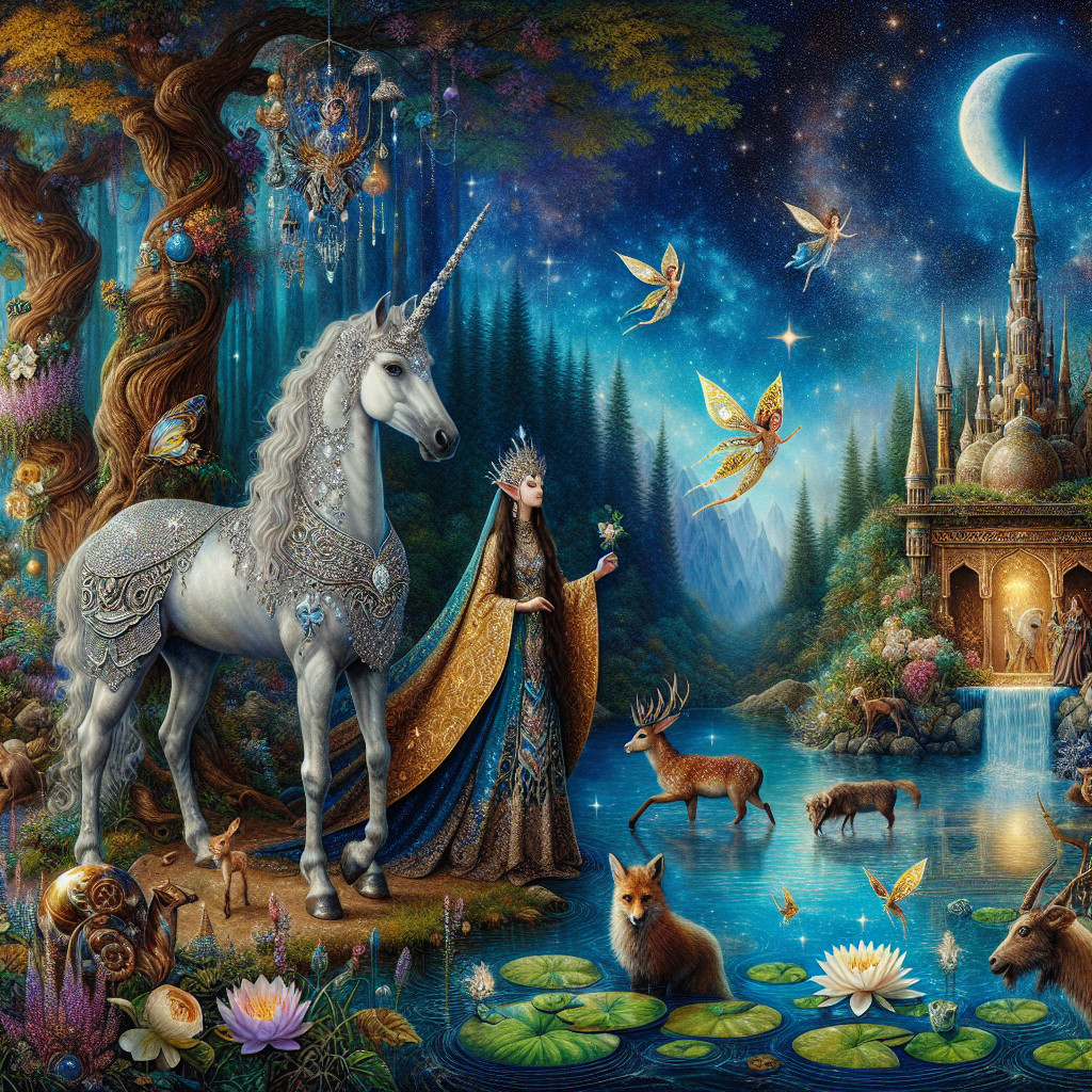 Regal Woman and Unicorn in Enchanted Forest Scene