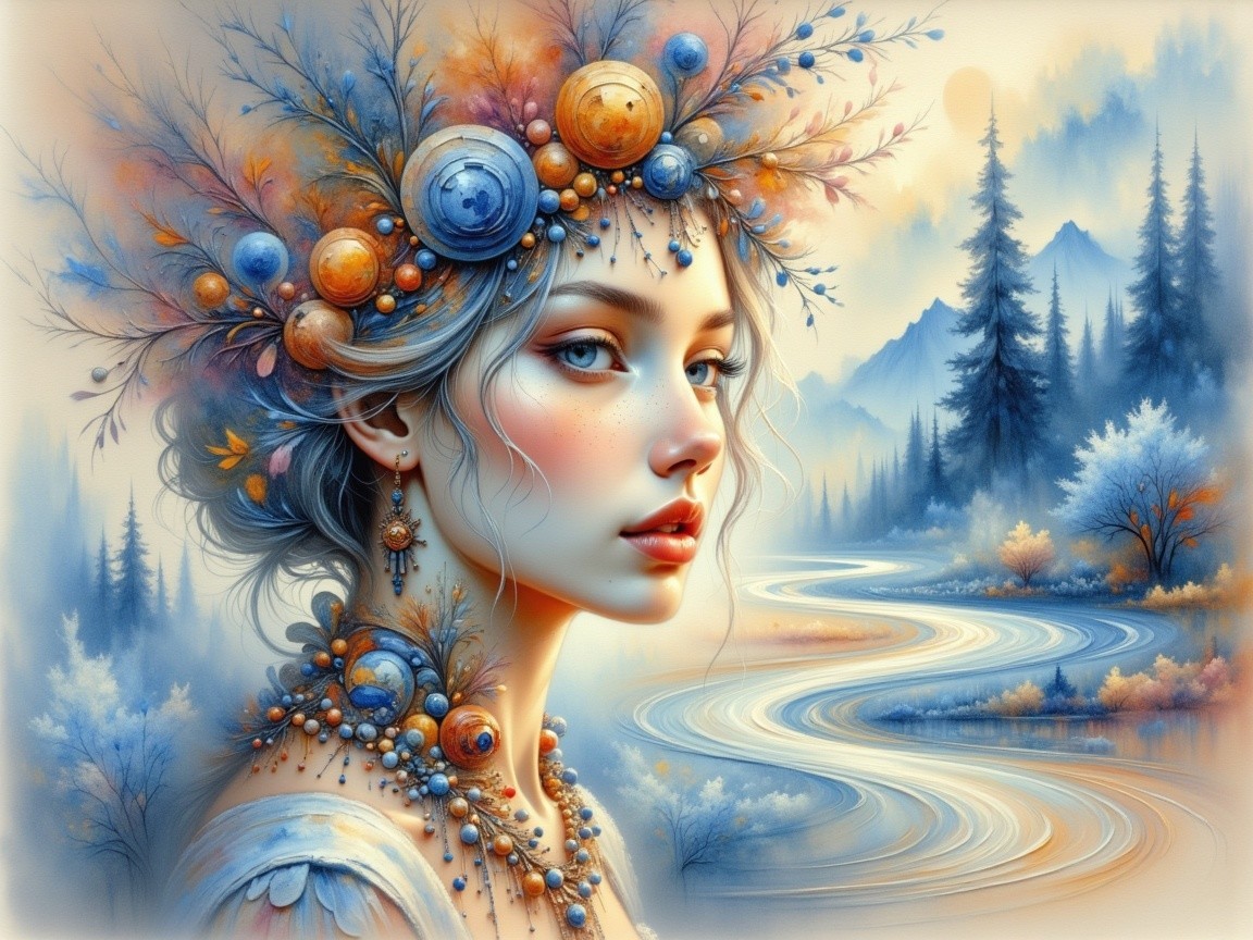 Young Woman with Floral Crown in Serene Landscape