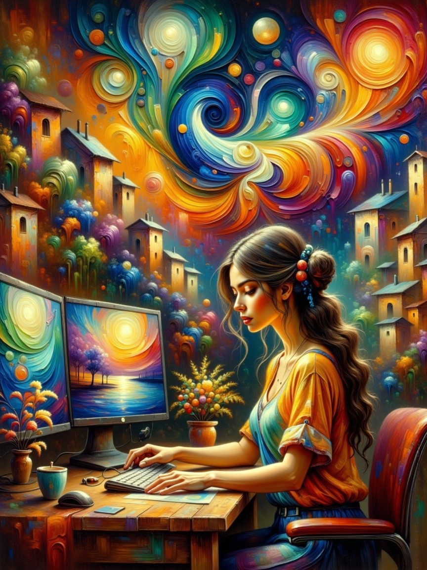 Young woman at desk in colorful whimsical landscape
