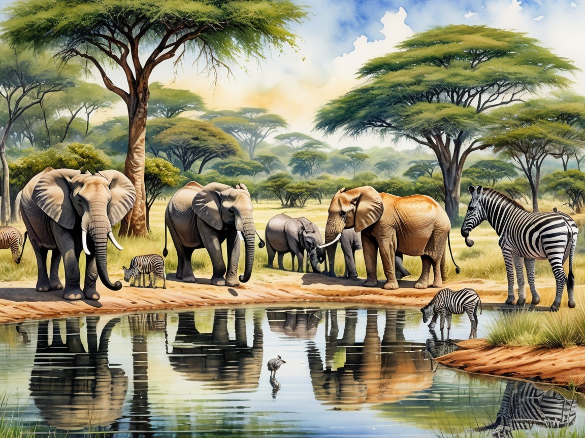 Serene Watering Hole with Elephants and Zebras in Savannah