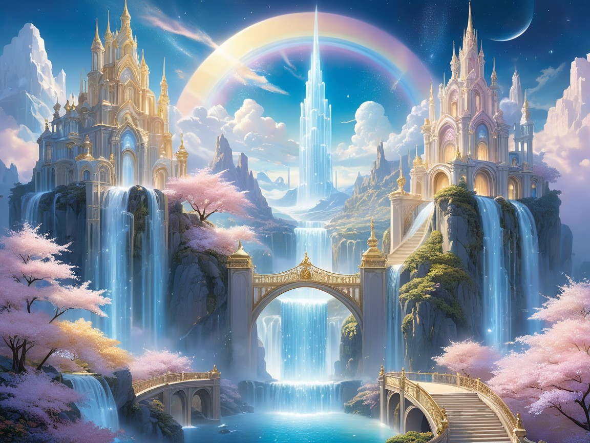 Majestic Castles and Waterfalls in Fantasy Landscape