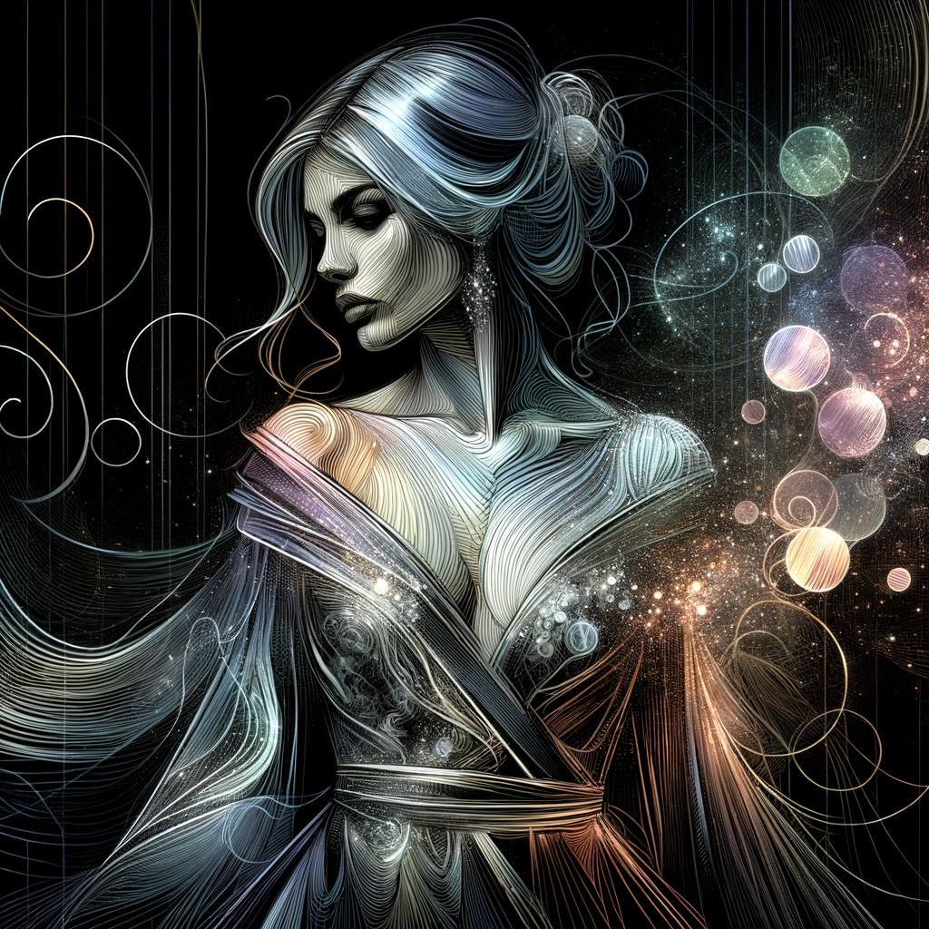 Elegant Woman Illustration with Swirling Lines and Orbs