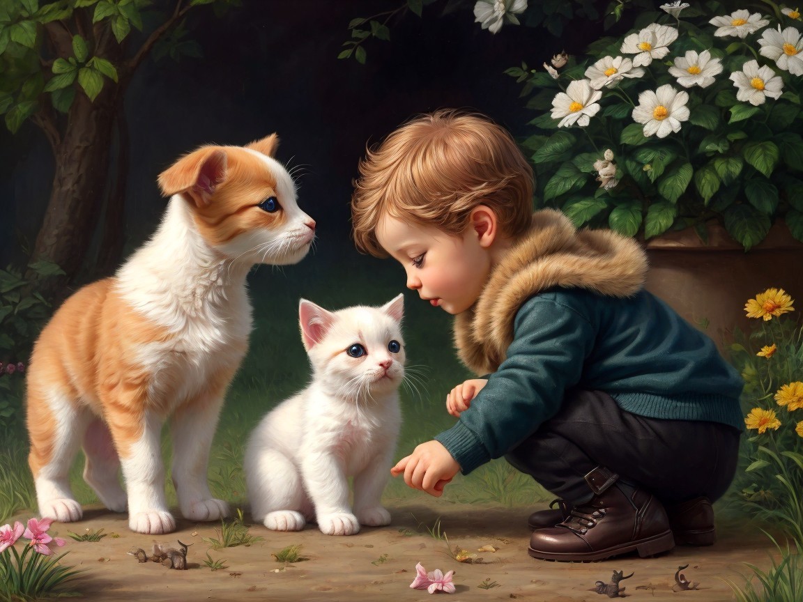 Young Boy and Kittens in a Colorful Garden Scene