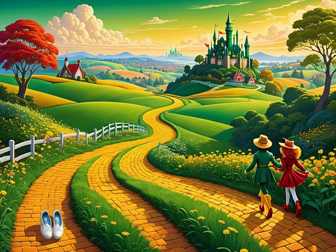 Vibrant landscape with girls on a yellow brick road