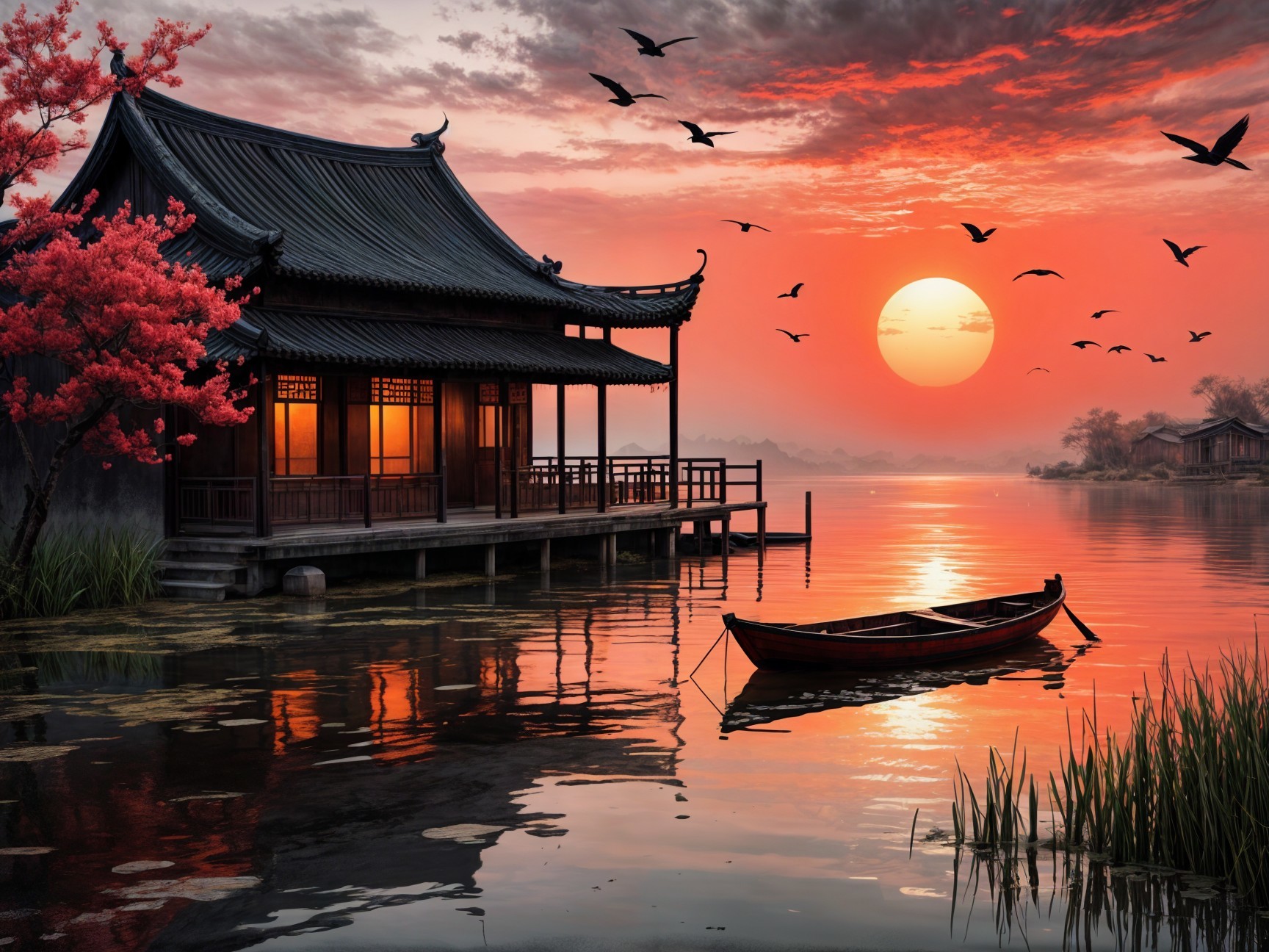 Sunset Over a Pagoda by a Calm Lake with Cherry Blossoms