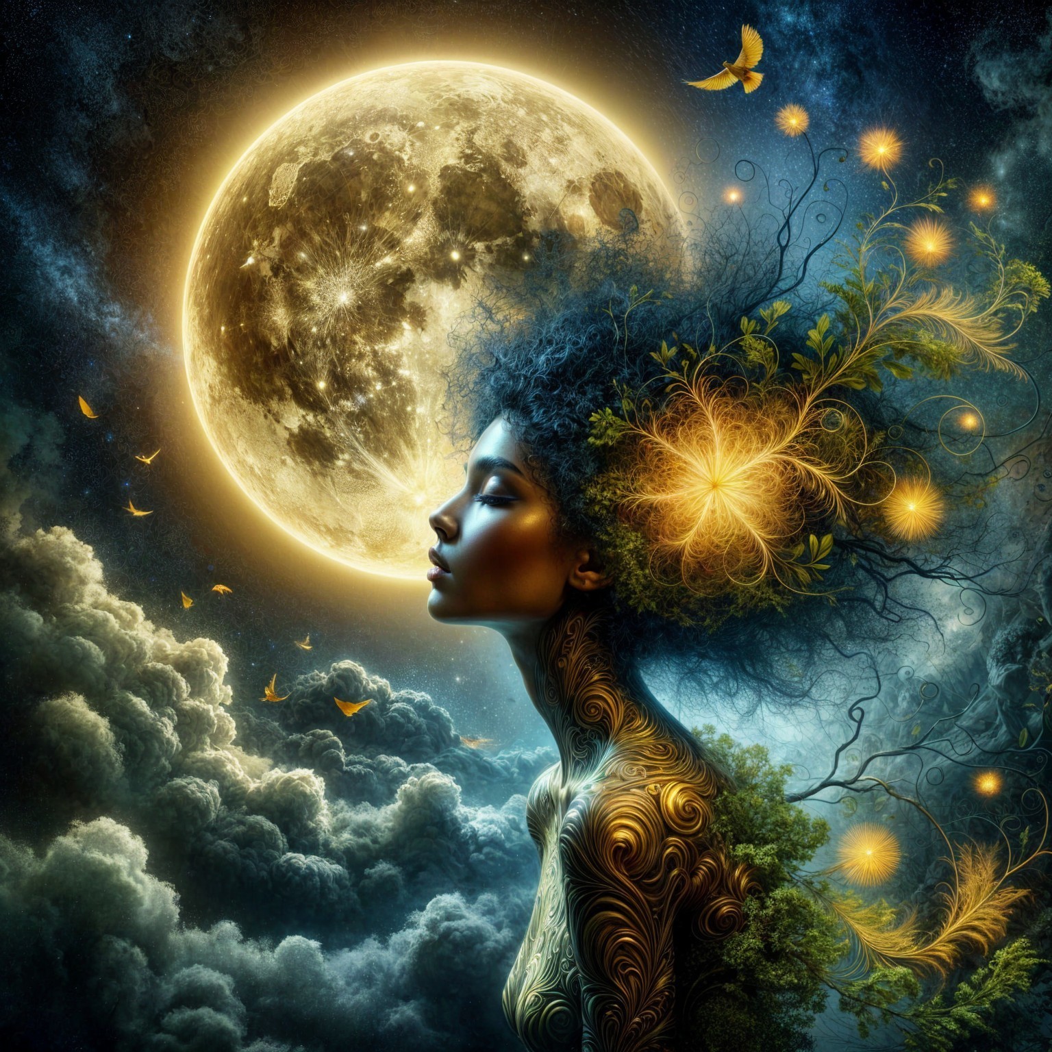 Mystical Woman with Textured Hair and Glowing Moon