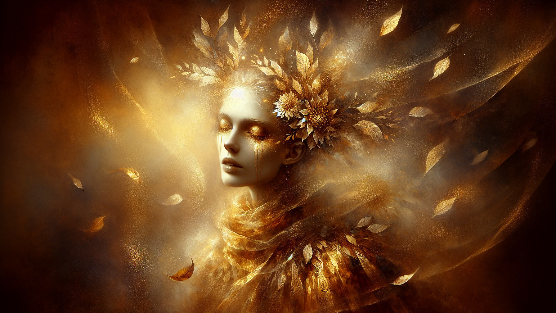 Ethereal Figure with Golden Leaves and Flowers
