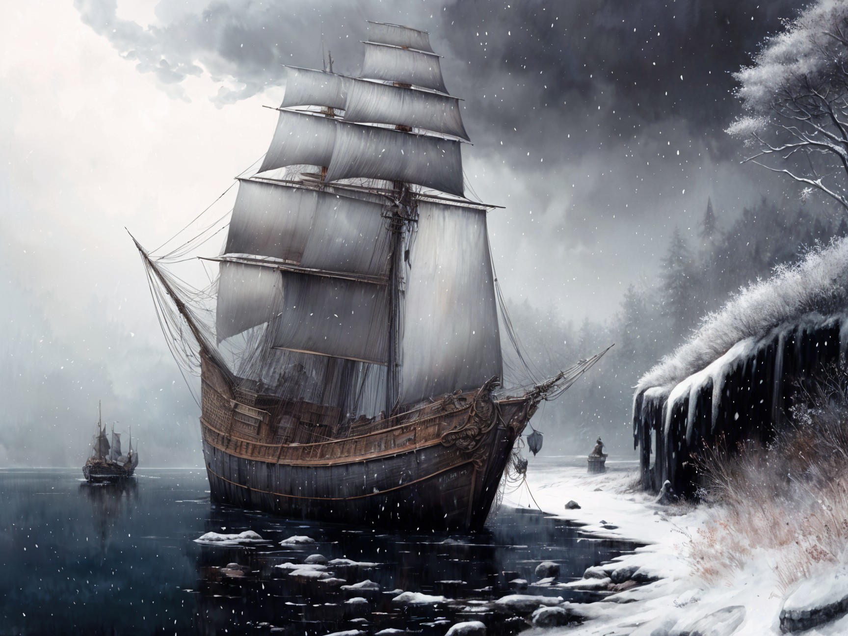 Tall Ship Sailing Through Icy Waters and Snowy Landscape