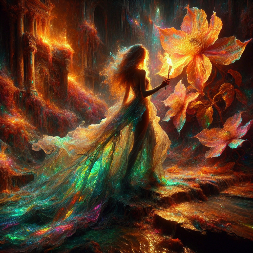 Surreal Scene with Mystical Figure and Glowing Flowers