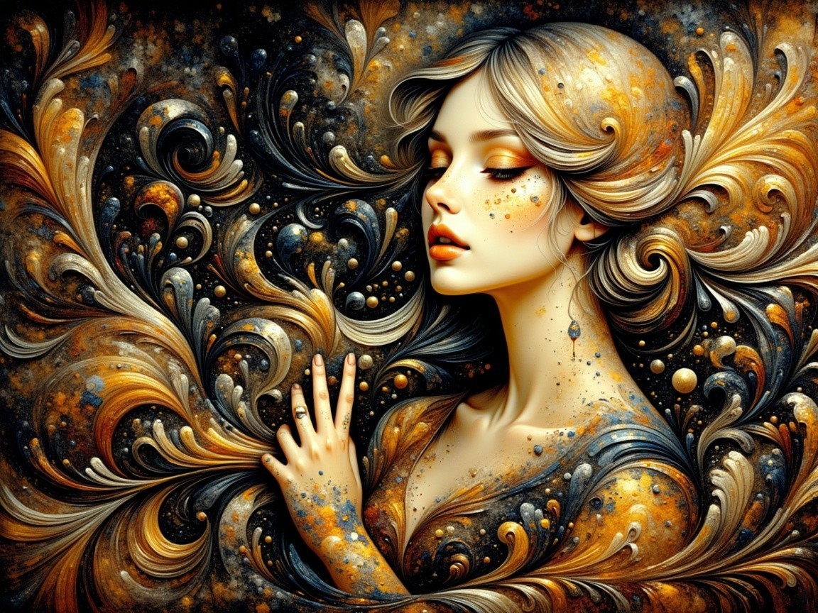 Woman Surrounded by Intricate Gold and Black Patterns