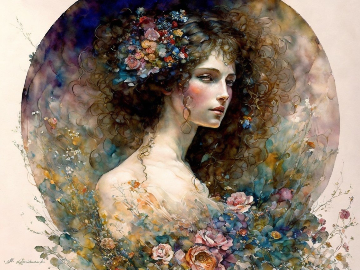 Portrait of a Woman with Floral Crown in Watercolor