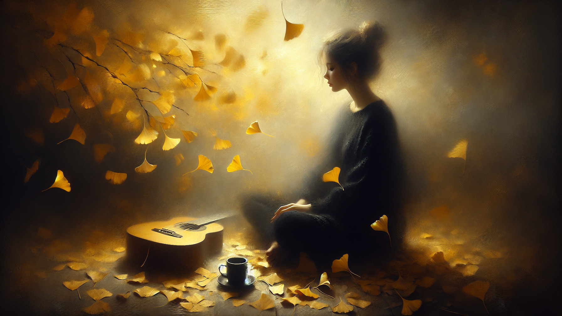 Young Woman in Autumn with Guitar and Coffee