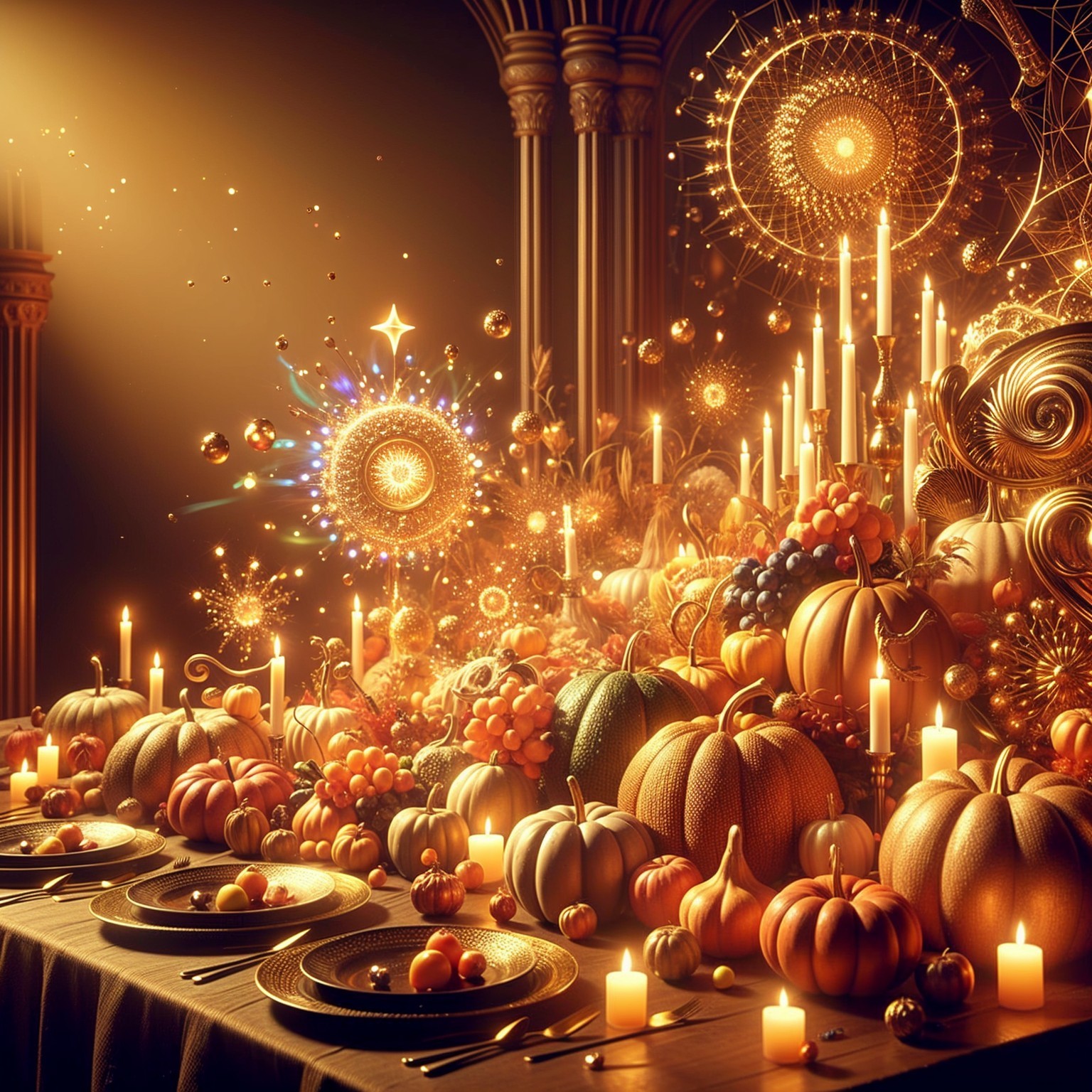 Lavish Autumn Banquet with Elegant Decor and Fruits