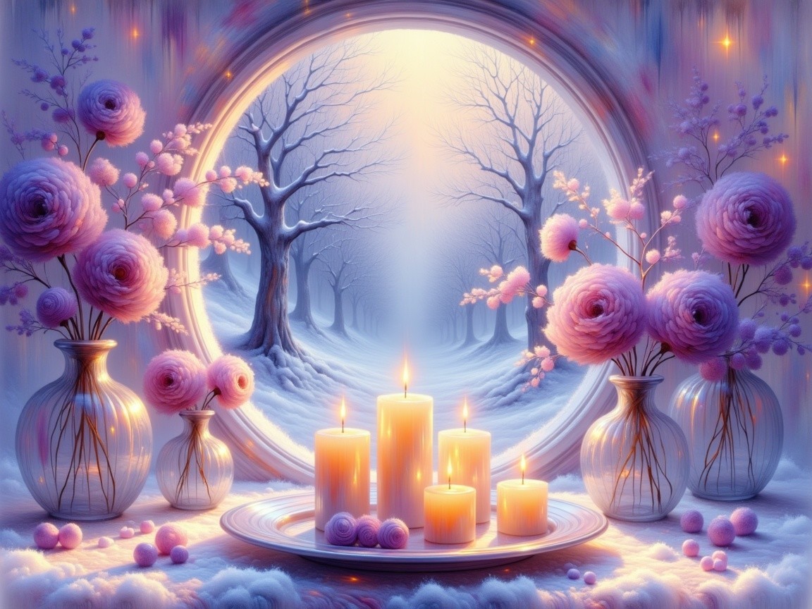 Winter Scene Through Circular Window with Candlelight