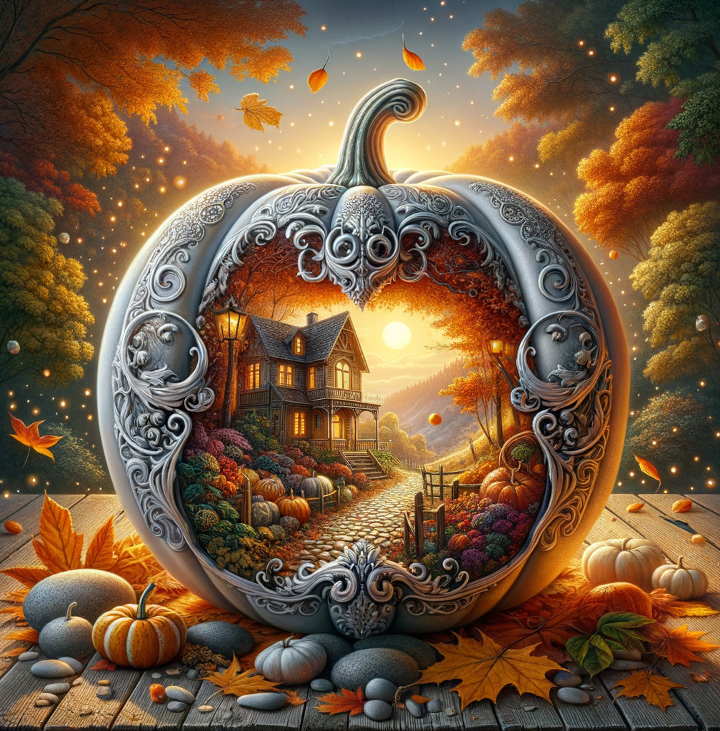 Carved Pumpkin Depicting Cozy Autumn Scene