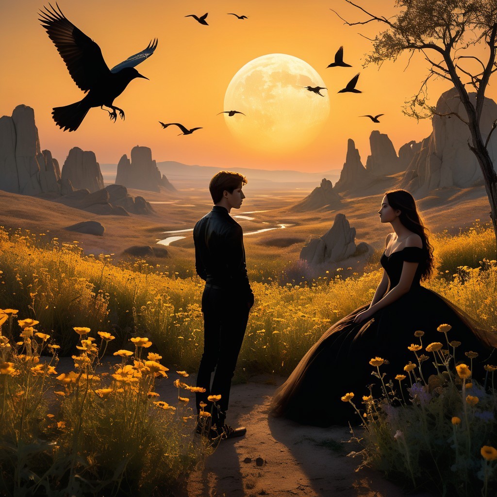 Romantic Dusk Scene with Couple in Yellow Flowers