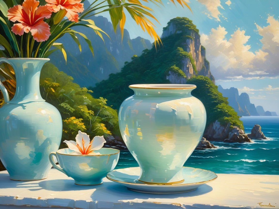 Serene Still-Life with Turquoise Vases and Coastal View