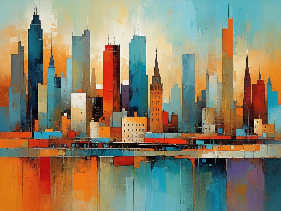 Vibrant Cityscape with Colorful Skyscrapers and Water