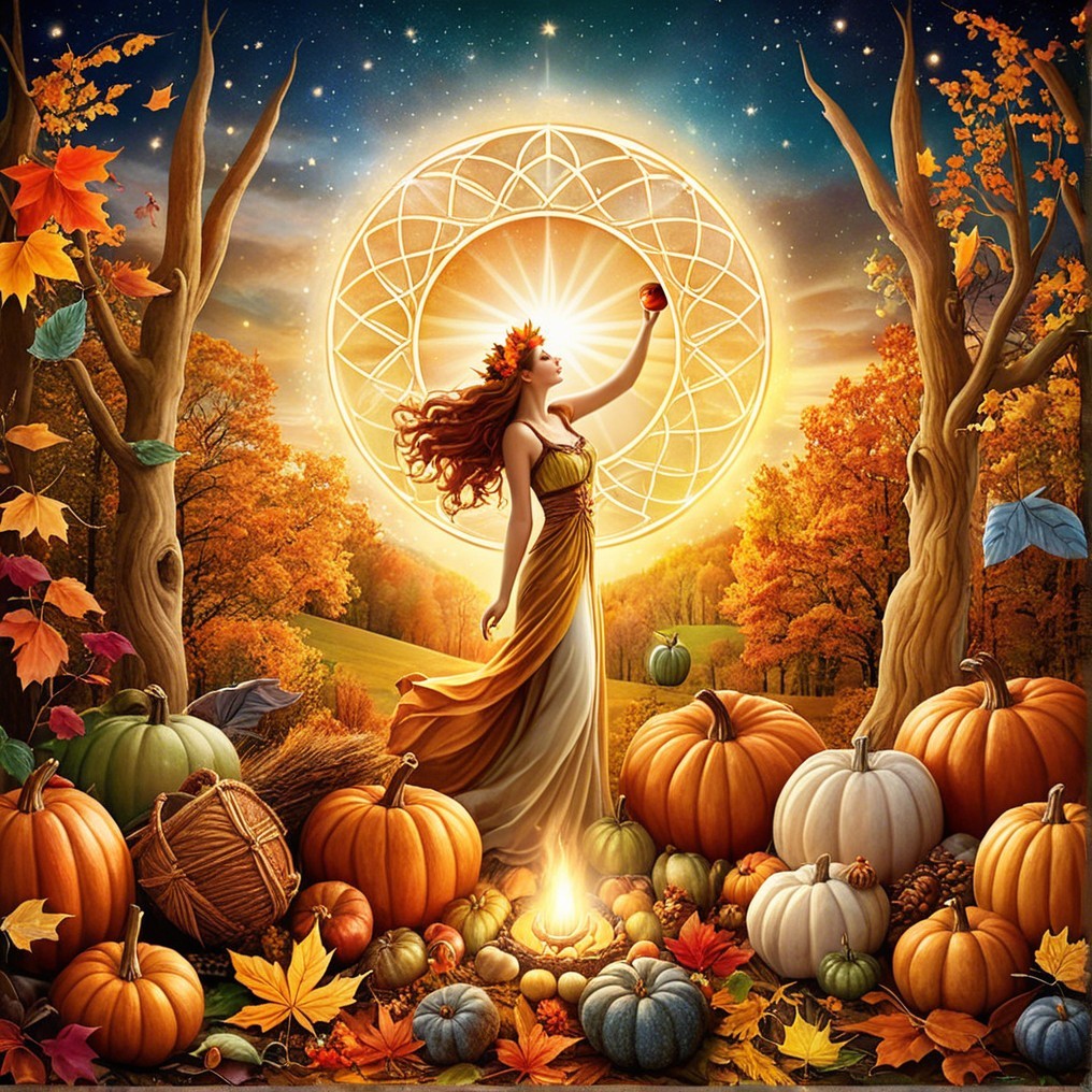Mystical figure in autumn landscape with harvest elements