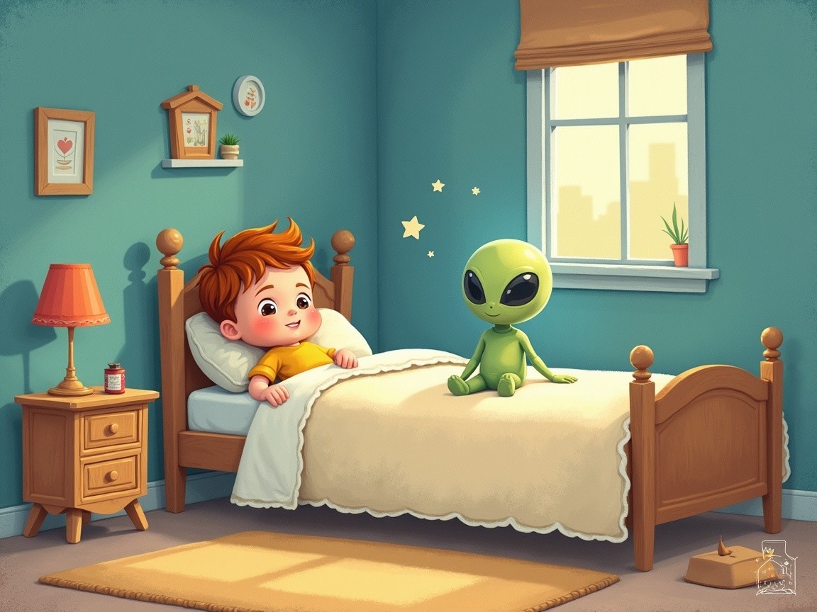 Young Boy and Alien in Cozy Bedroom Setting